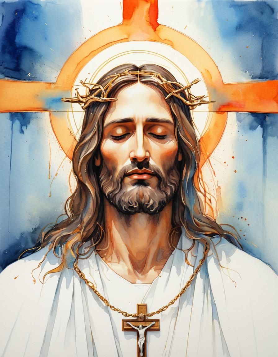 Watercolor Christ Portrait in Golden Light