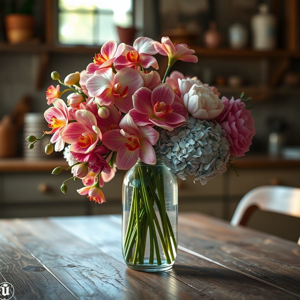 Exotic Flowers in Glass Bottle, Detailed Matte Painting