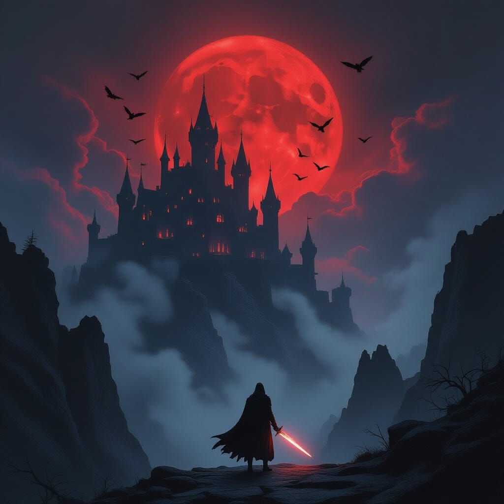 Haunted Castle on Cliffs Under Blood Moon with Ghostly Light...