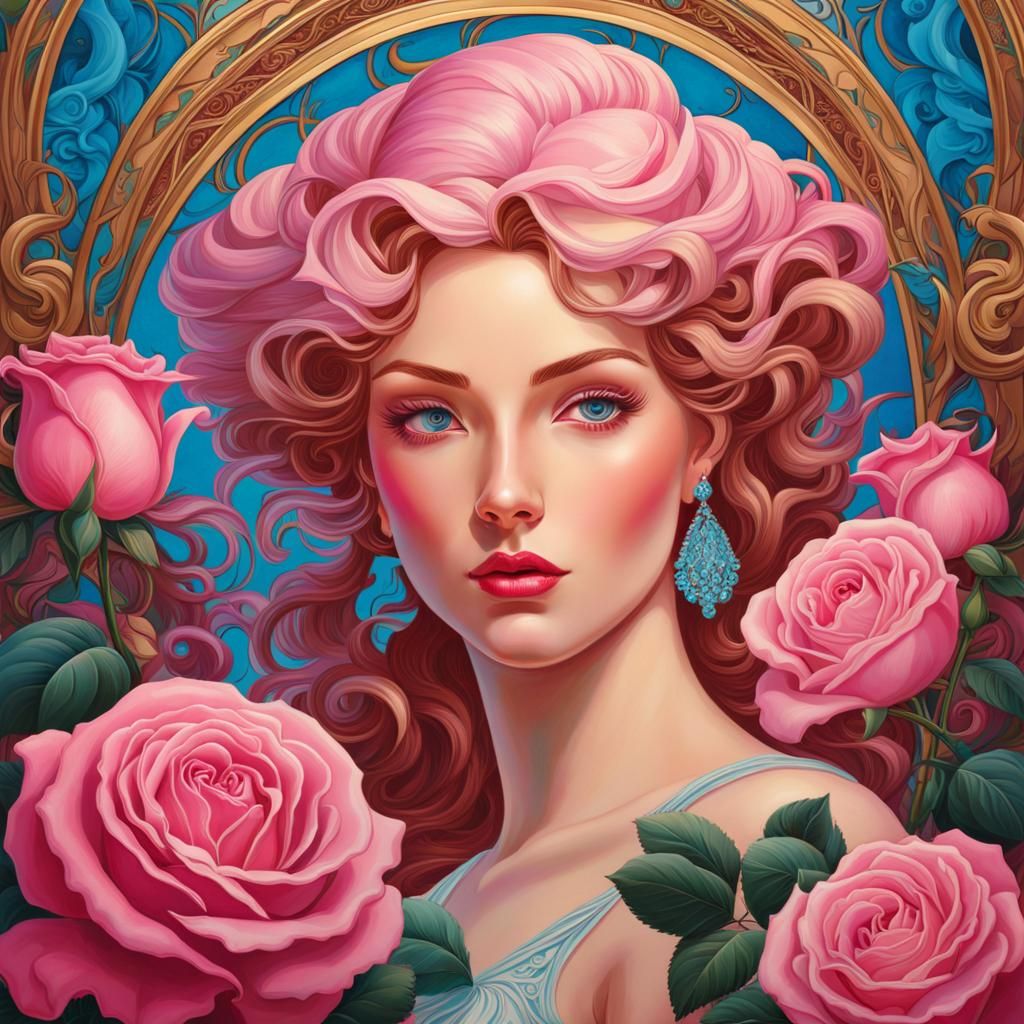Pink Roses and Blue-Eyed Woman in Art Nouveau Style