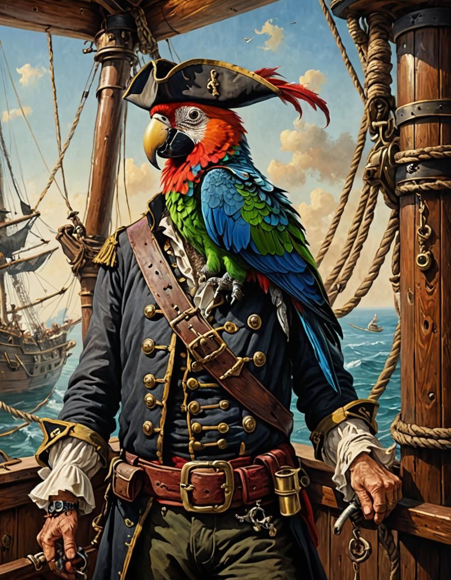 Pirate on Ship With Parrot: Classic Painting