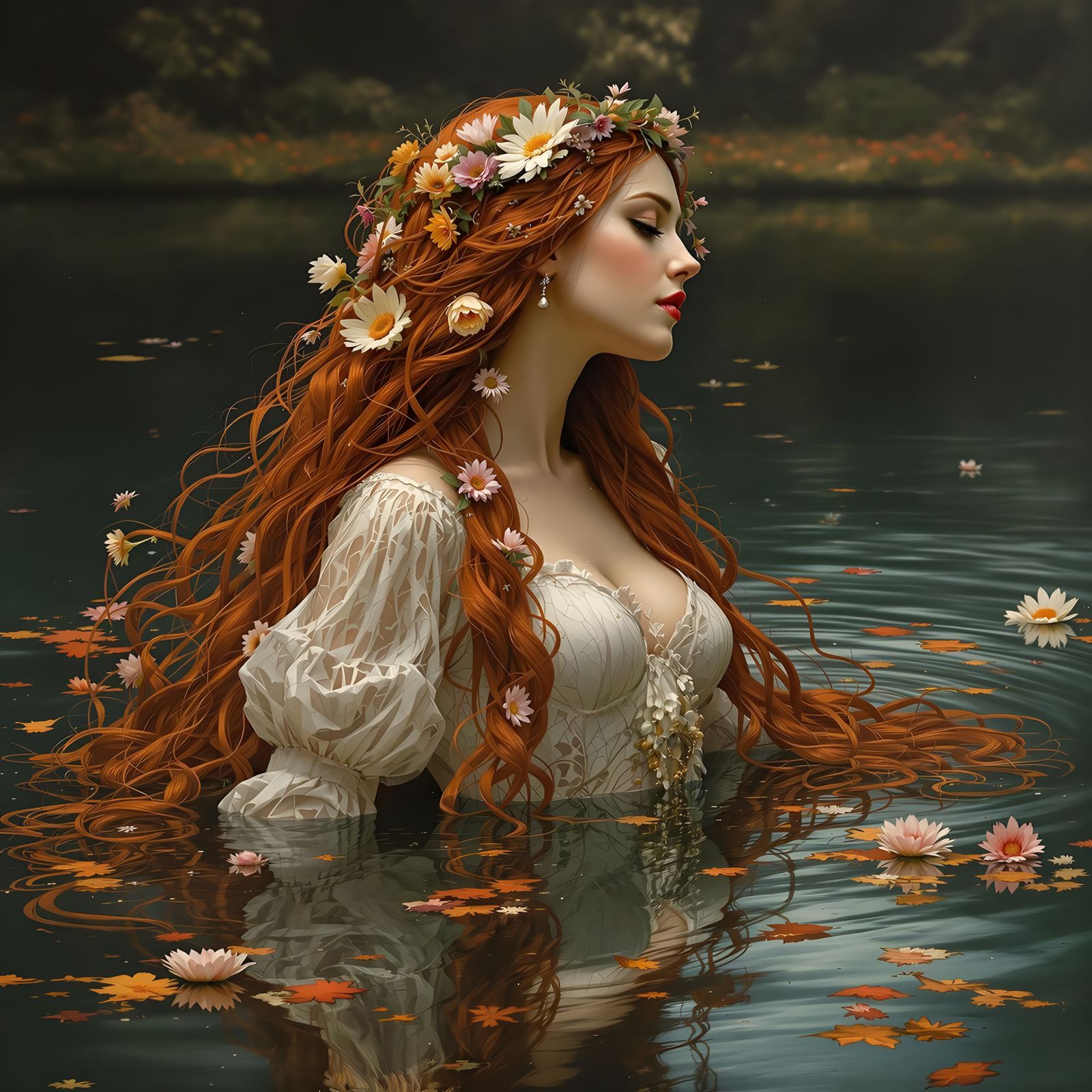 Ethereal Pre-Raphaelite Bride Emerges from Enchanted Lake
