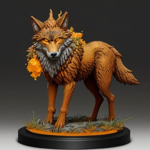 A wolf shifter statue made all of orange and yellow wulfenit...