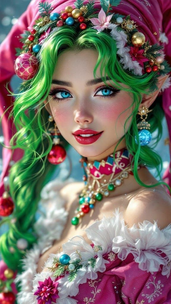 Anime Christmas Elf Portrait with Green Hair