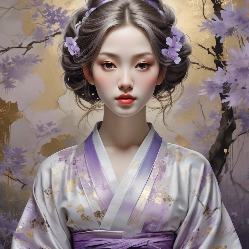 Meditating Woman Portrait in Ink Wash Style