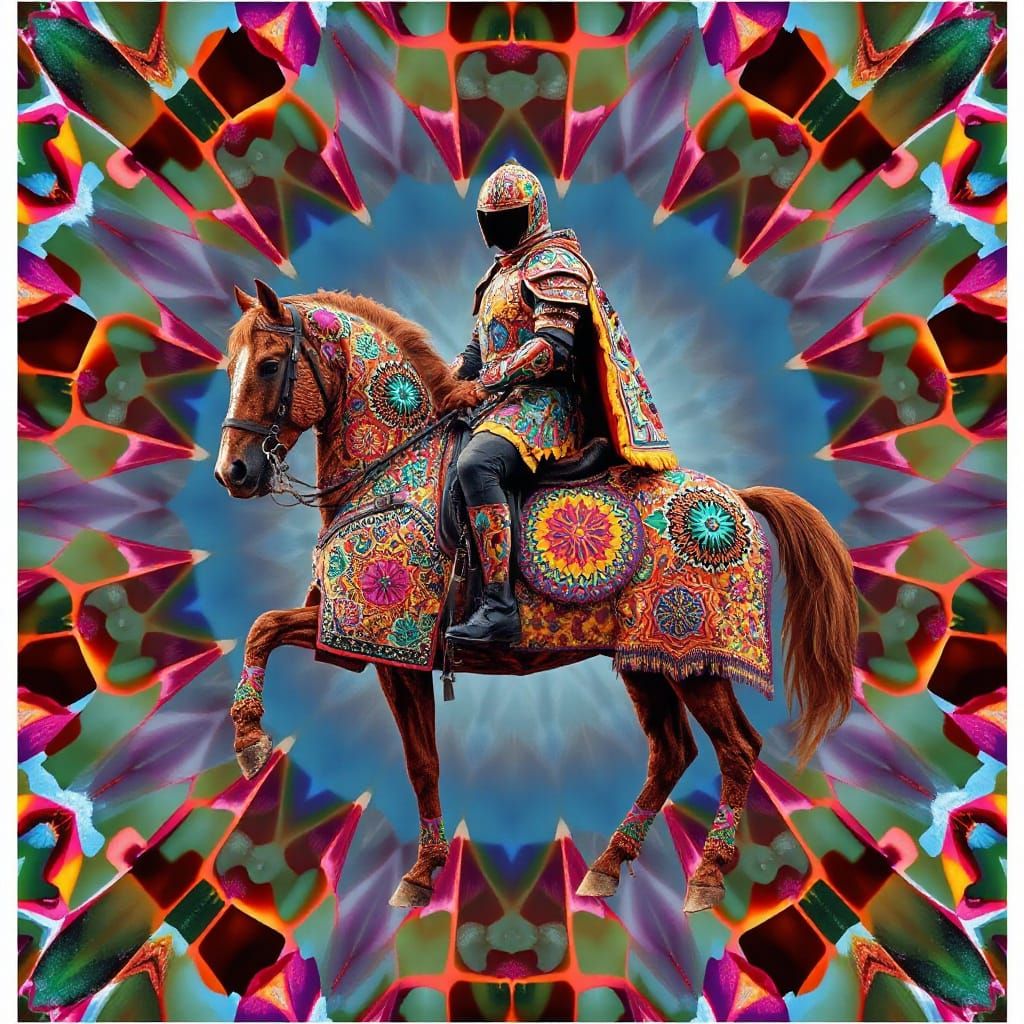 Horseman in Surreal Kaleidoscope with Intricate Armor
