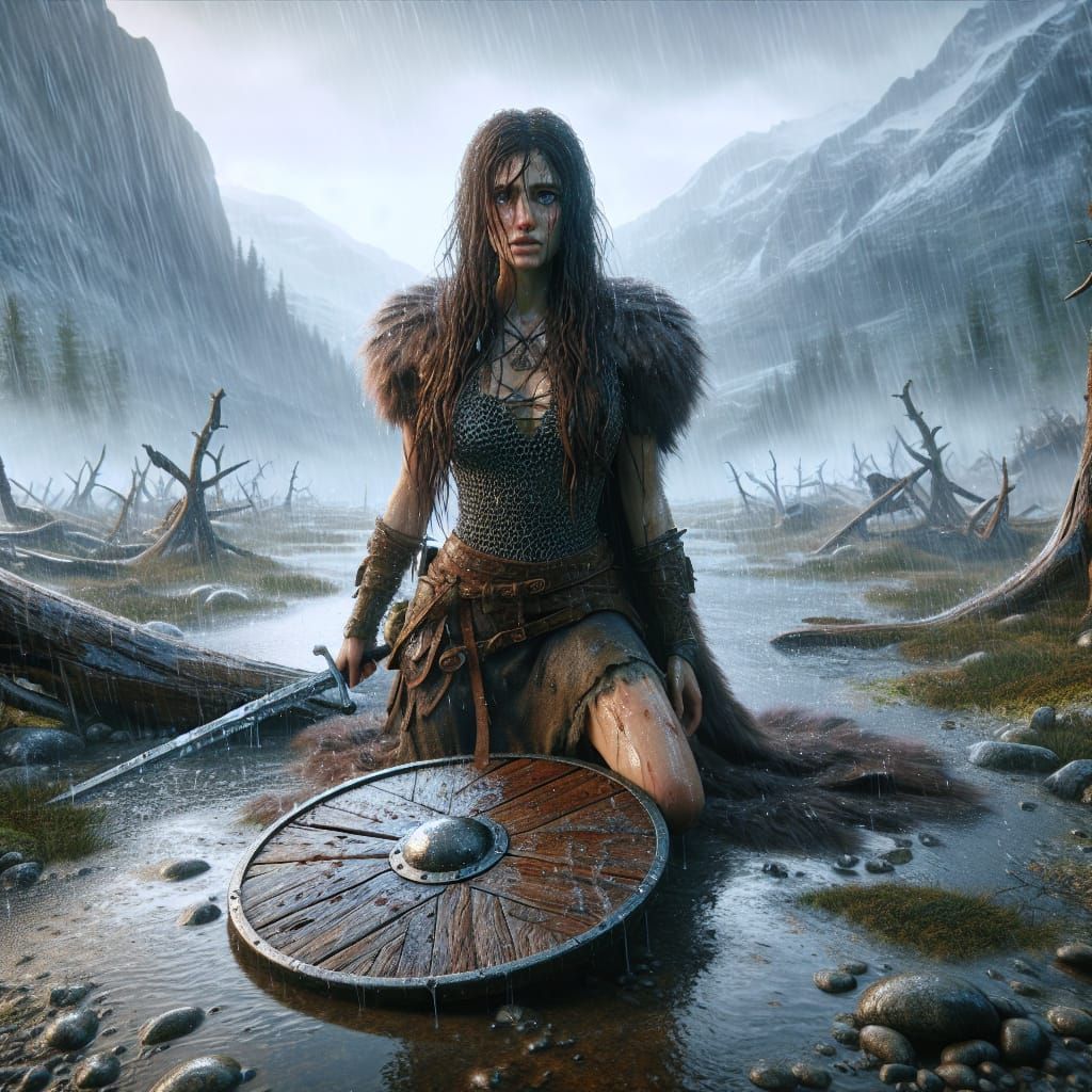 Norse Goddess Warrior in Desolate Fantasy Landscape