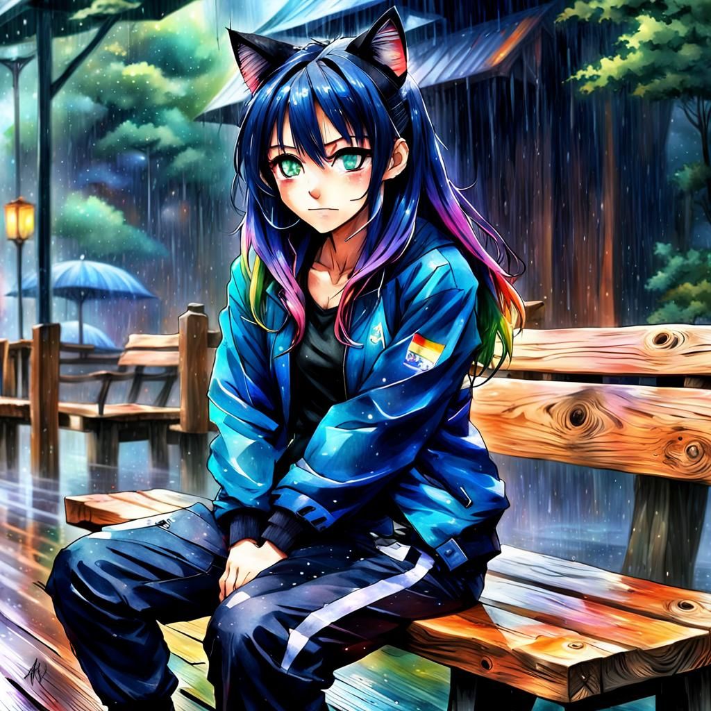 I want a girl with Cat ears blue and black jacket. in the rain sitting on a wood bench in rainbow. long black pants. Her...
