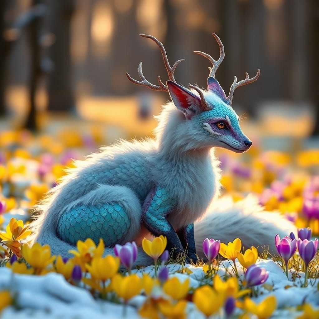 Surreal Winter Fantasy: Shimmering Dragon-Fox Amidst Bloomin...