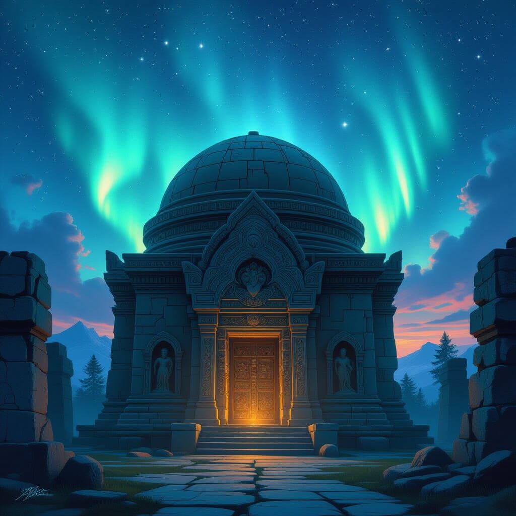 Ancient Temple Under Aurora Borealis Sky