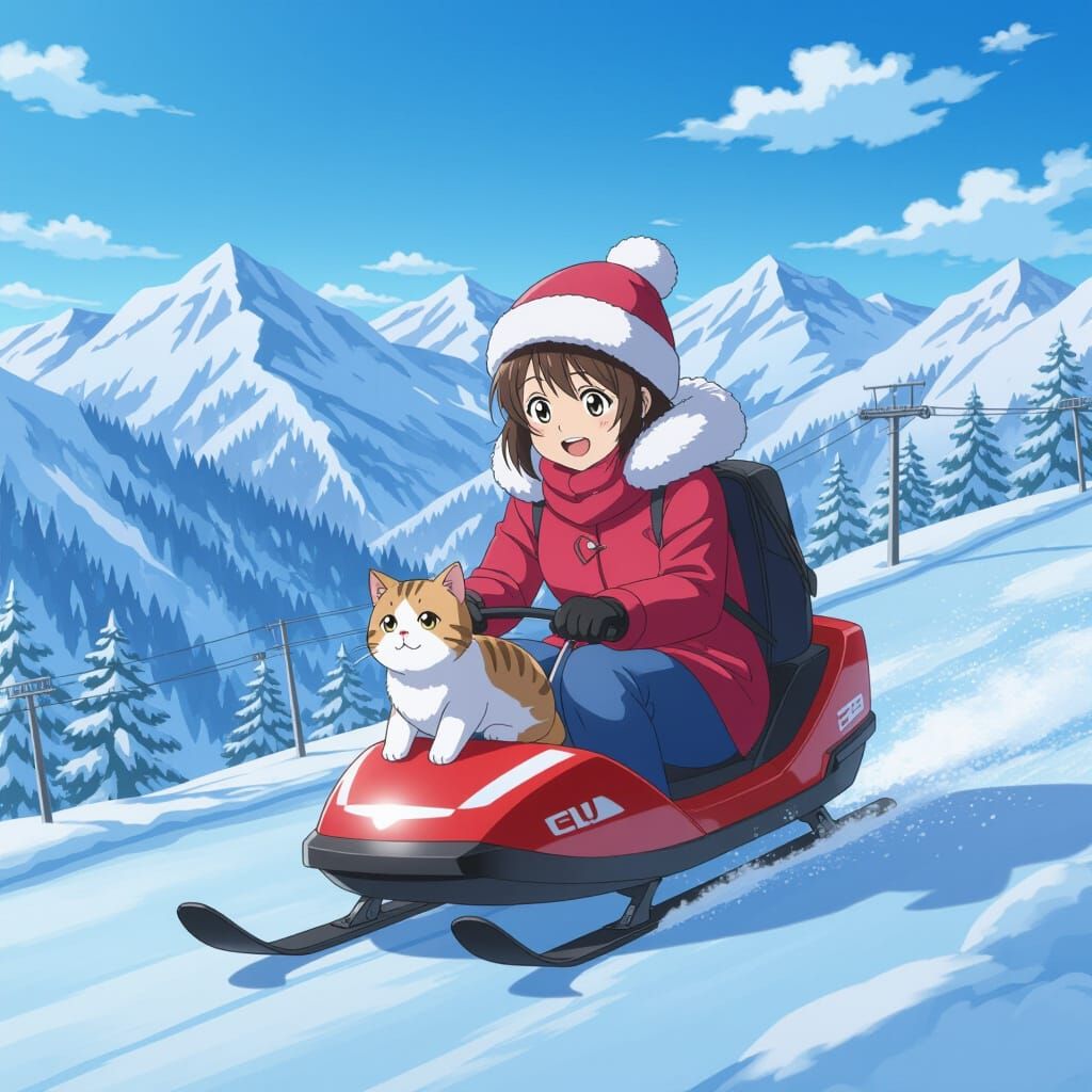 Grandmother Rides Sled With Scared Cat in Snowy Mountain Lan...