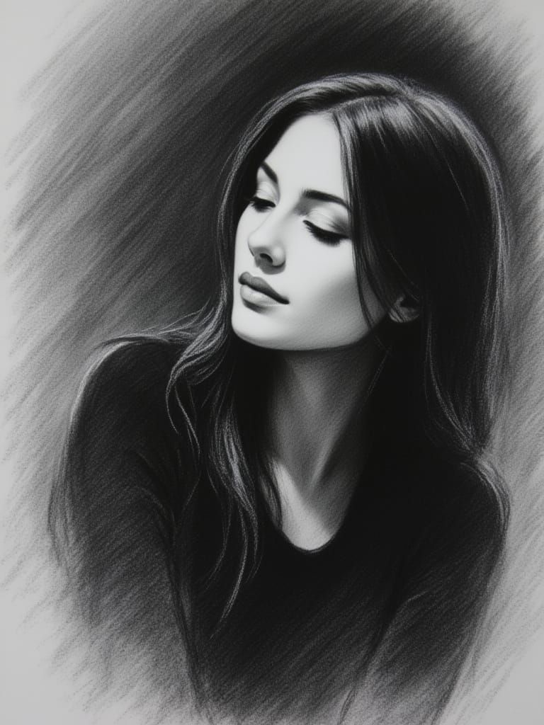 Raven Haired Woman With Mischievous Smile in Charcoal