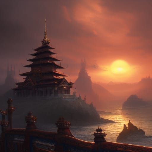 Golden Asian Castle at Sunset: Dark Fantasy Art