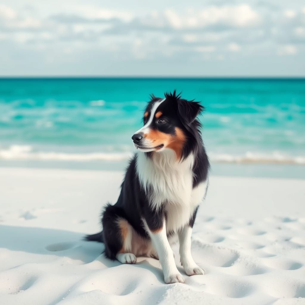 Australian Shepherd on White Beach, Black and White
