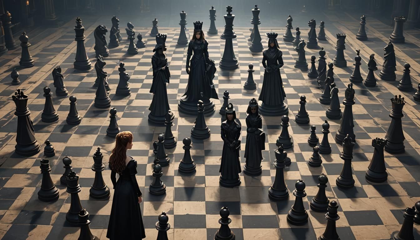 Girl in Black Dress with Chessboard, Dark Fantasy Art