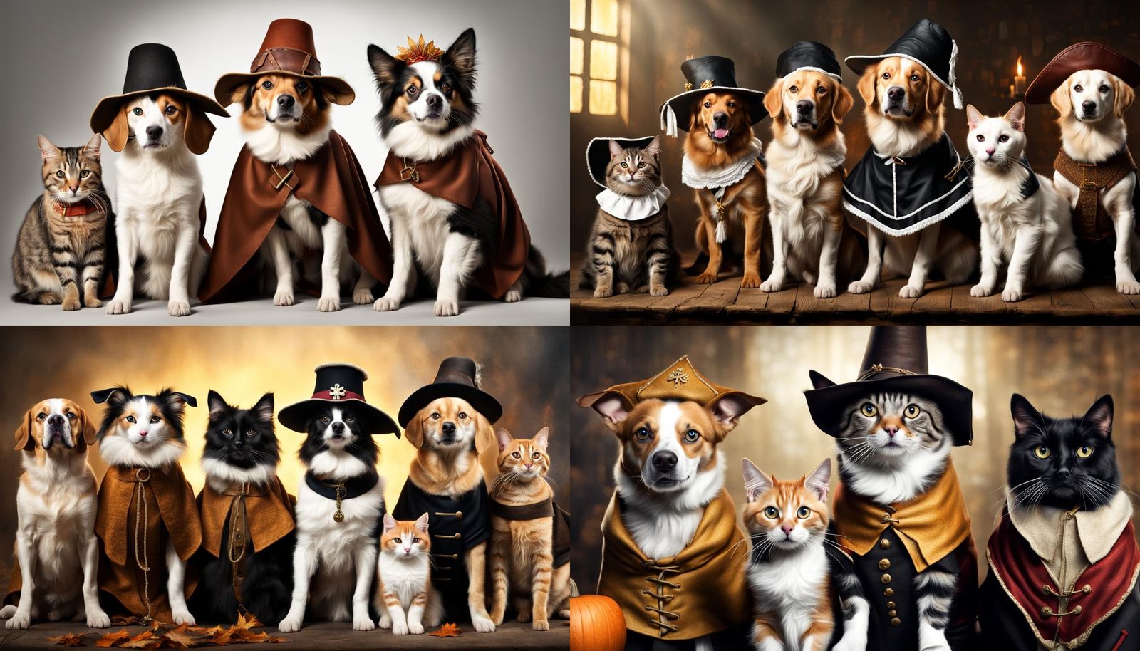 Dogs and Cats Dressed as Pilgrims in Cinematic Style