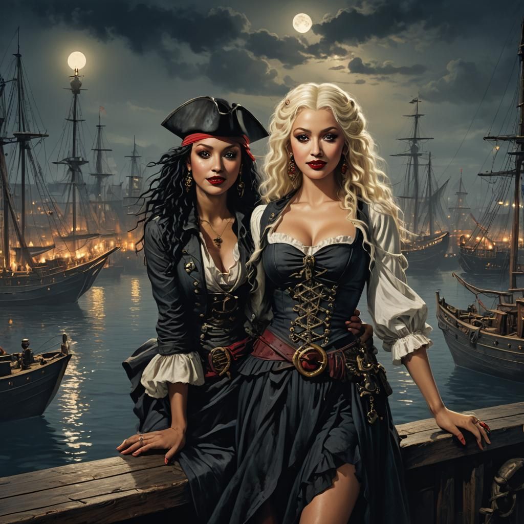 Pirate Girl with Ruby Lips in Moonlight