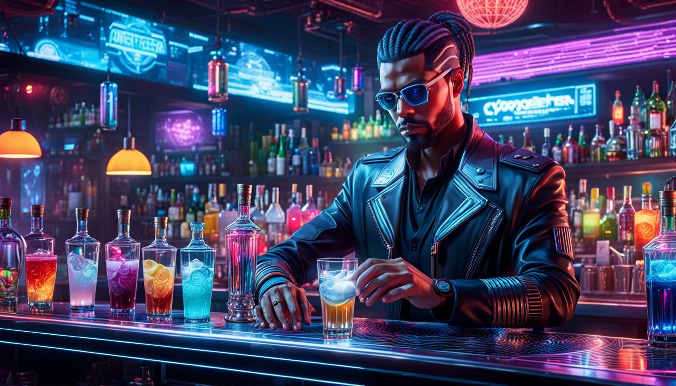 Cyborg Bartender in Cyberpunk Bar, Digital Art
