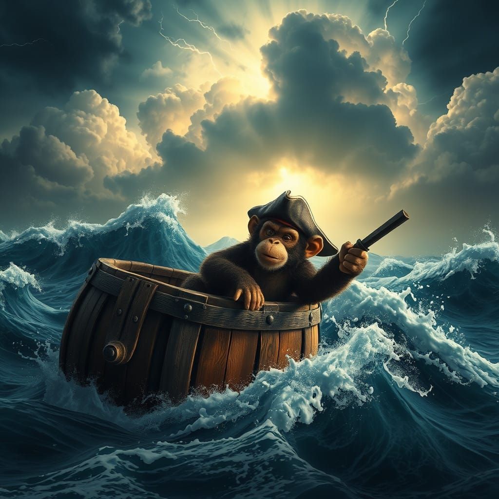 Monkey Pirate Battles Turbulent Seas in a Splashing Stormy S...