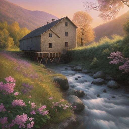 Dreamy Sunset Landscape with Lilac Flowers