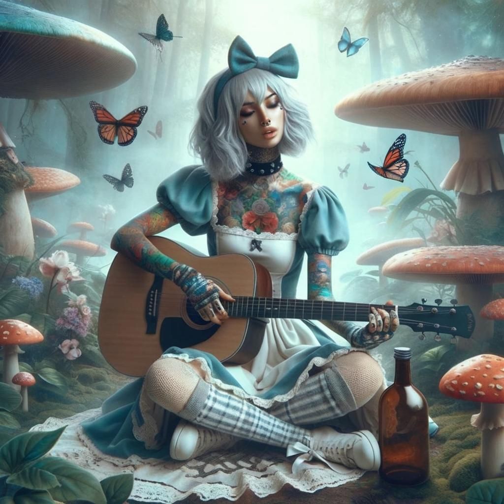 Modern Alice Seated in Mystical Forest