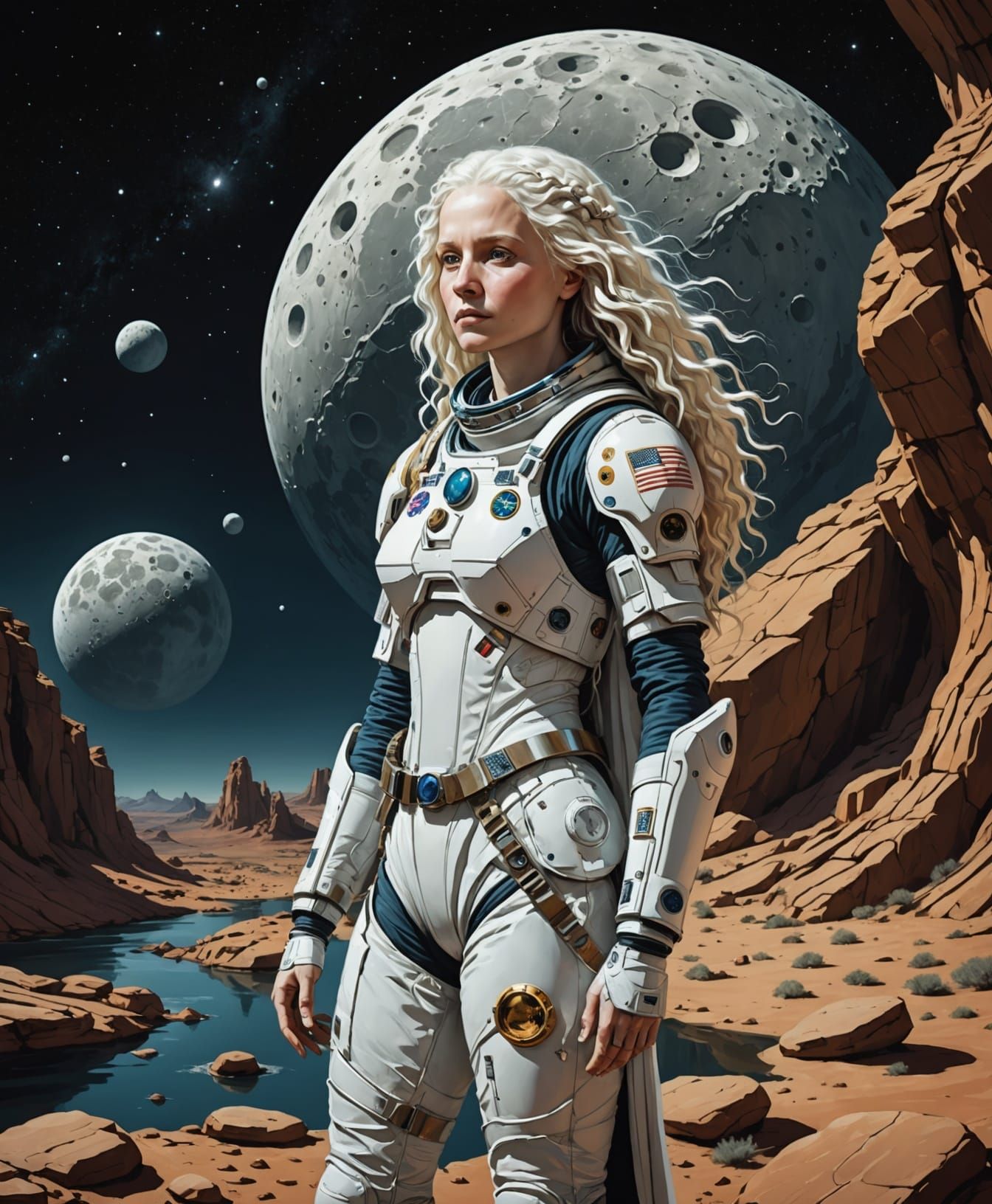Albino Astronaut in Lunar Landscape, Renaissance Style