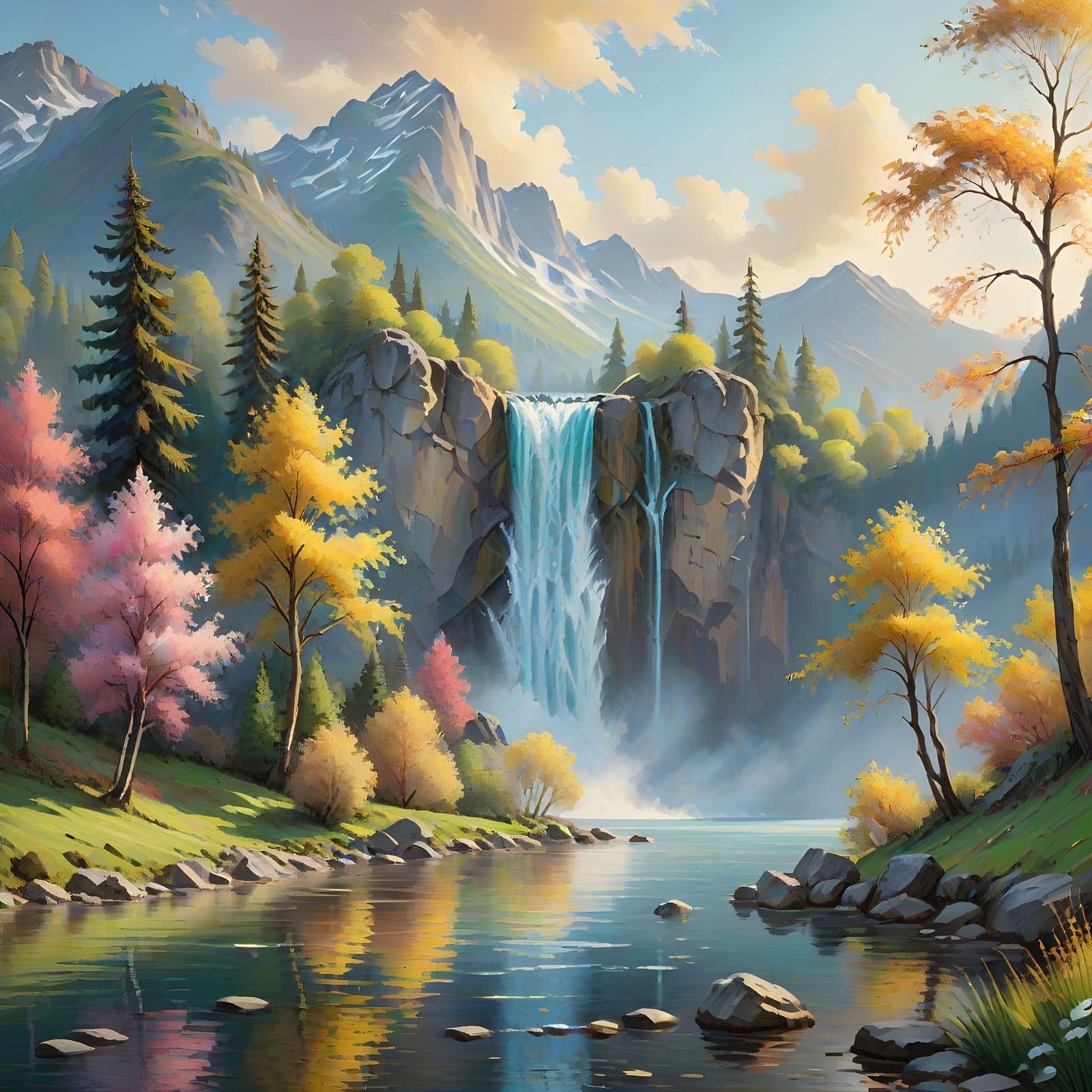 Dreamy Pastel Waterfall Landscape with Mountains