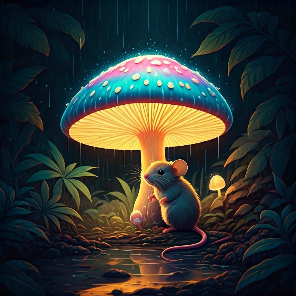 Whimsical Mouse Finds Shelter in a Glowing Mushroom in an En...