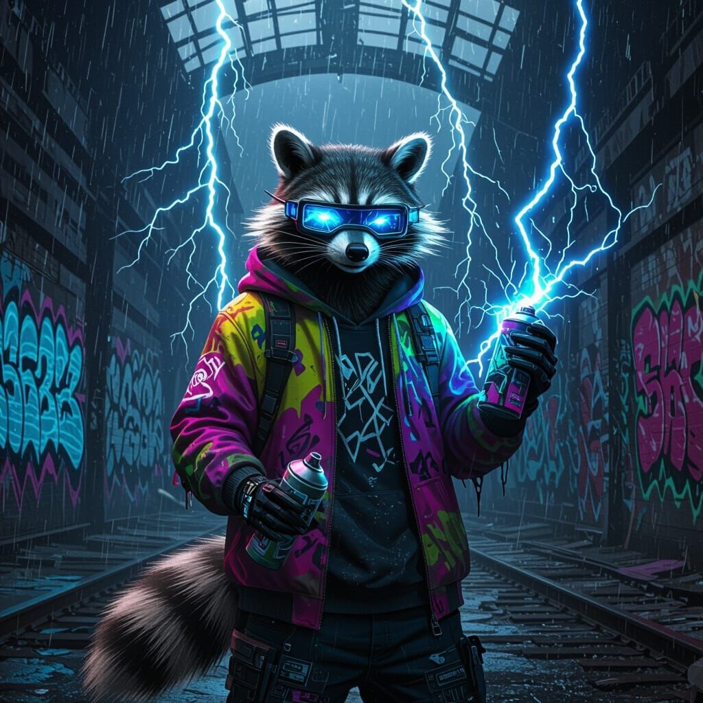 Electric Raccoon Wizard in Abandoned Train Station