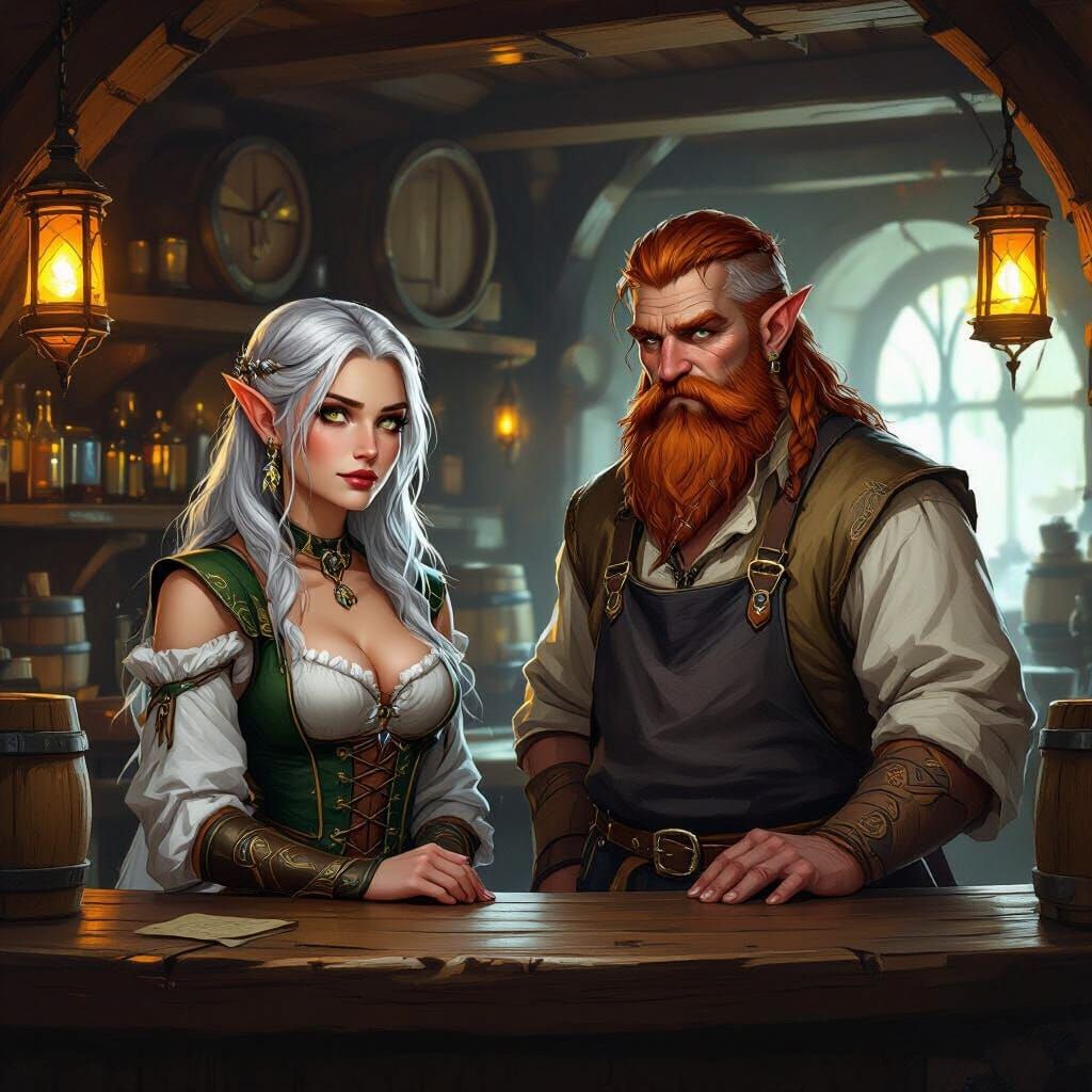 Elven Barmaiden and Innkeeper Confused Behind Bar