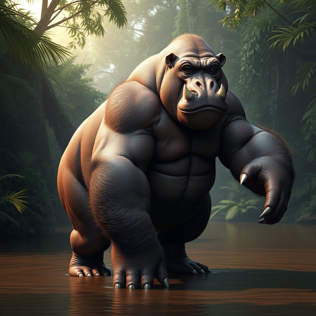 Hyperrealistic Jungle Beast with Gorilla and Hippo Features