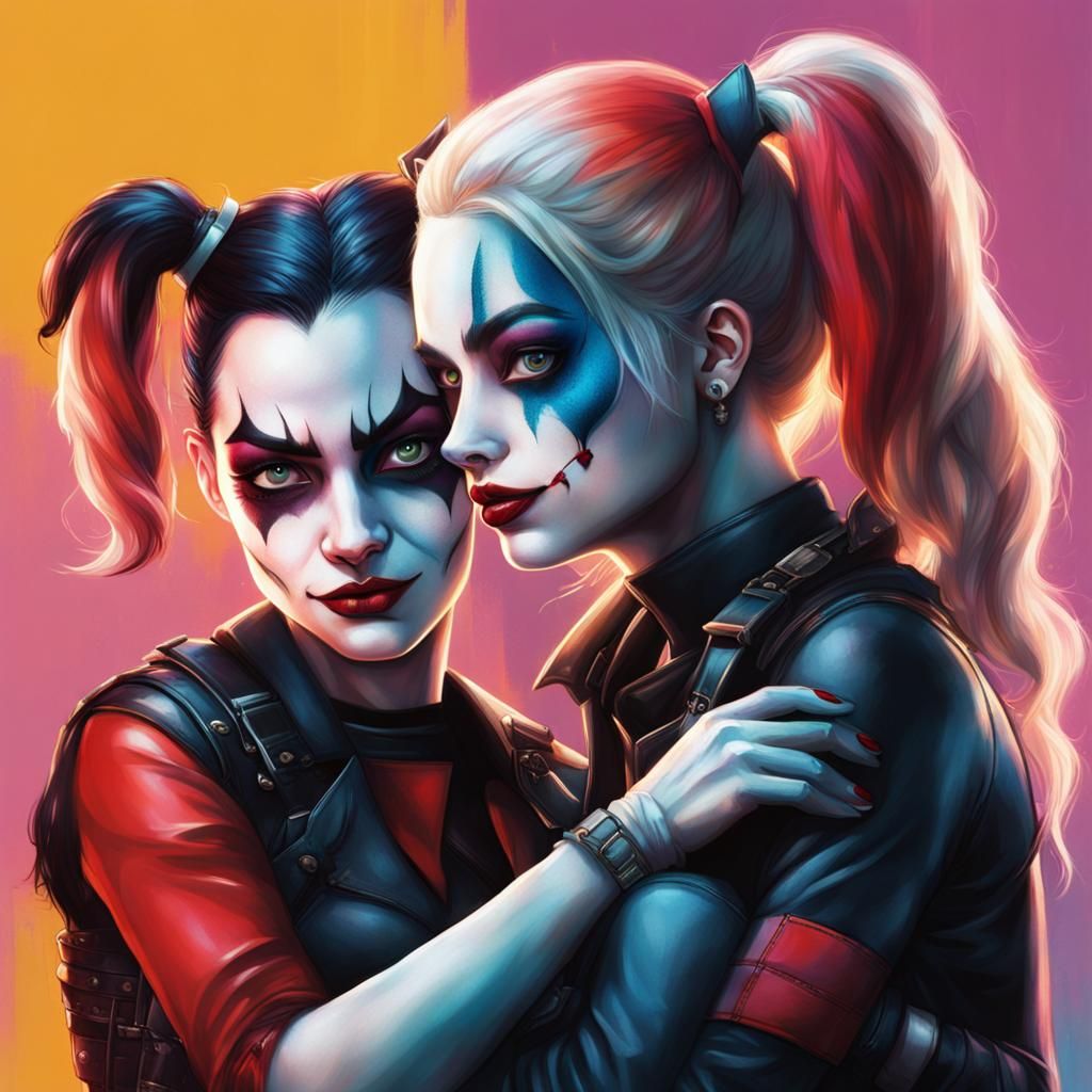 Harley Quinn and Sister Cuddling Kitten: Hyperrealistic Art