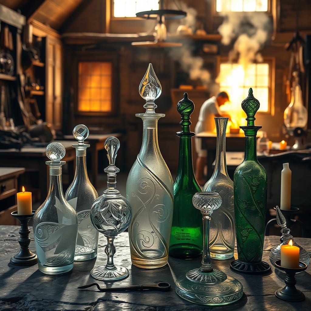 A collection of antique glass bottles, intricate Murano glas...