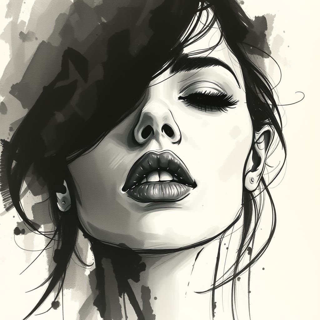 Expressive Female Face in Ink and Charcoal