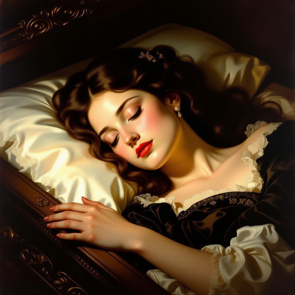 Serene Woman in Ornate Casket Portrait