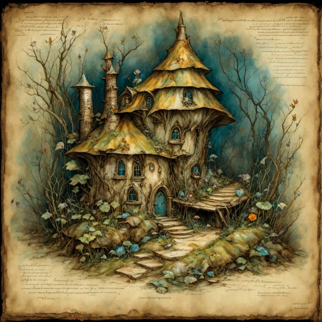 Pixie House on Aged Parchment Manuscript