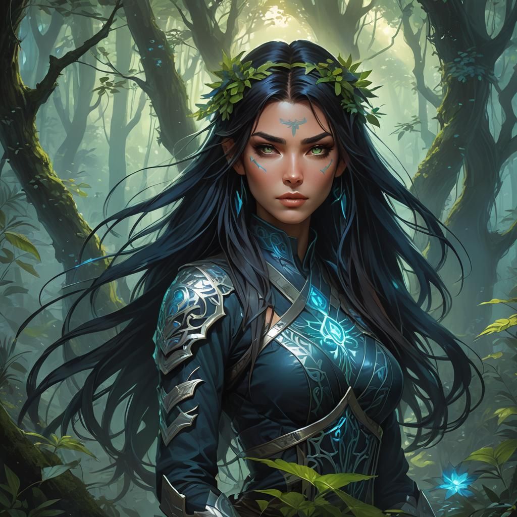 Mystical Ninja Girl Portrait in Bioluminescent Forest