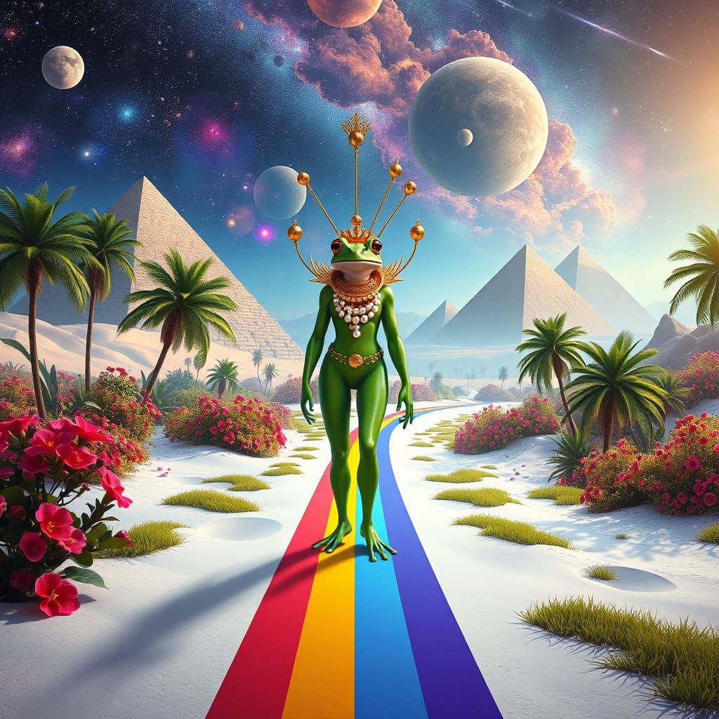 Golden Queen Reigns Over Vibrant Interdimensional Oasis