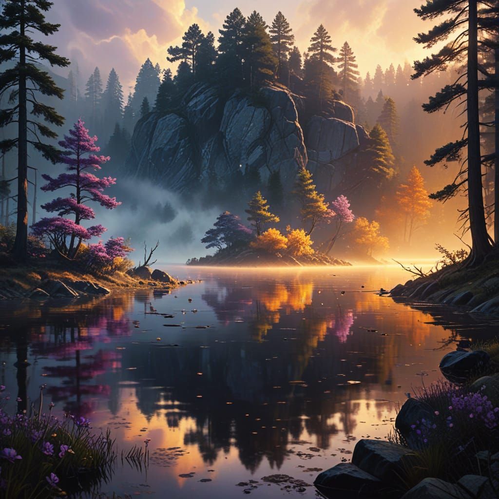 Serene Lake at Sunrise in Vibrant Digital Art