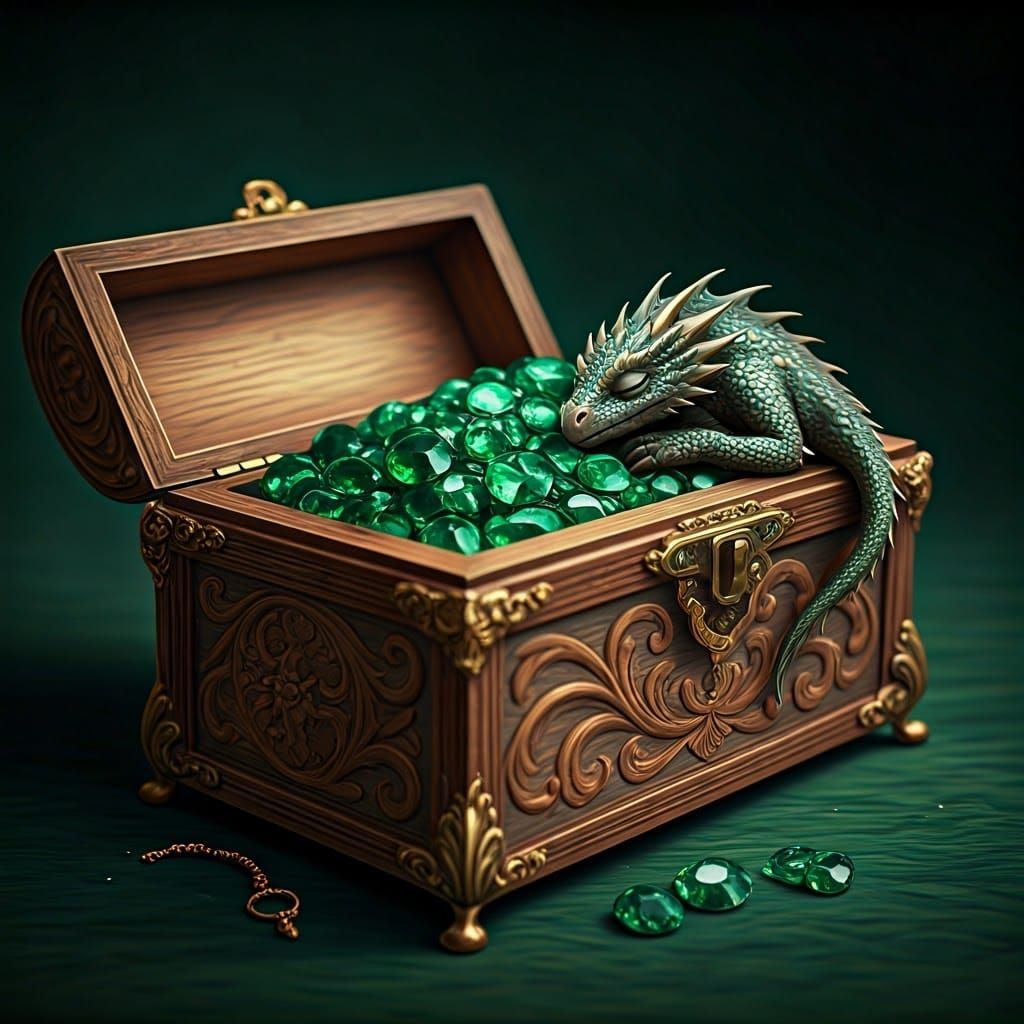Fantasy Jewelry Box with Sleeping Baby Dragon and Emeralds