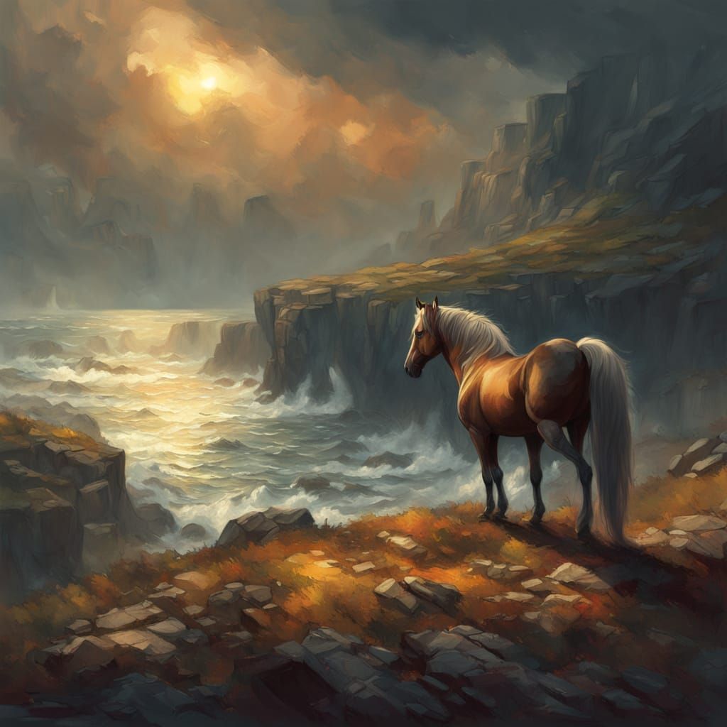Horse on Windy Cliff Overlooking Sea as Oil Painting