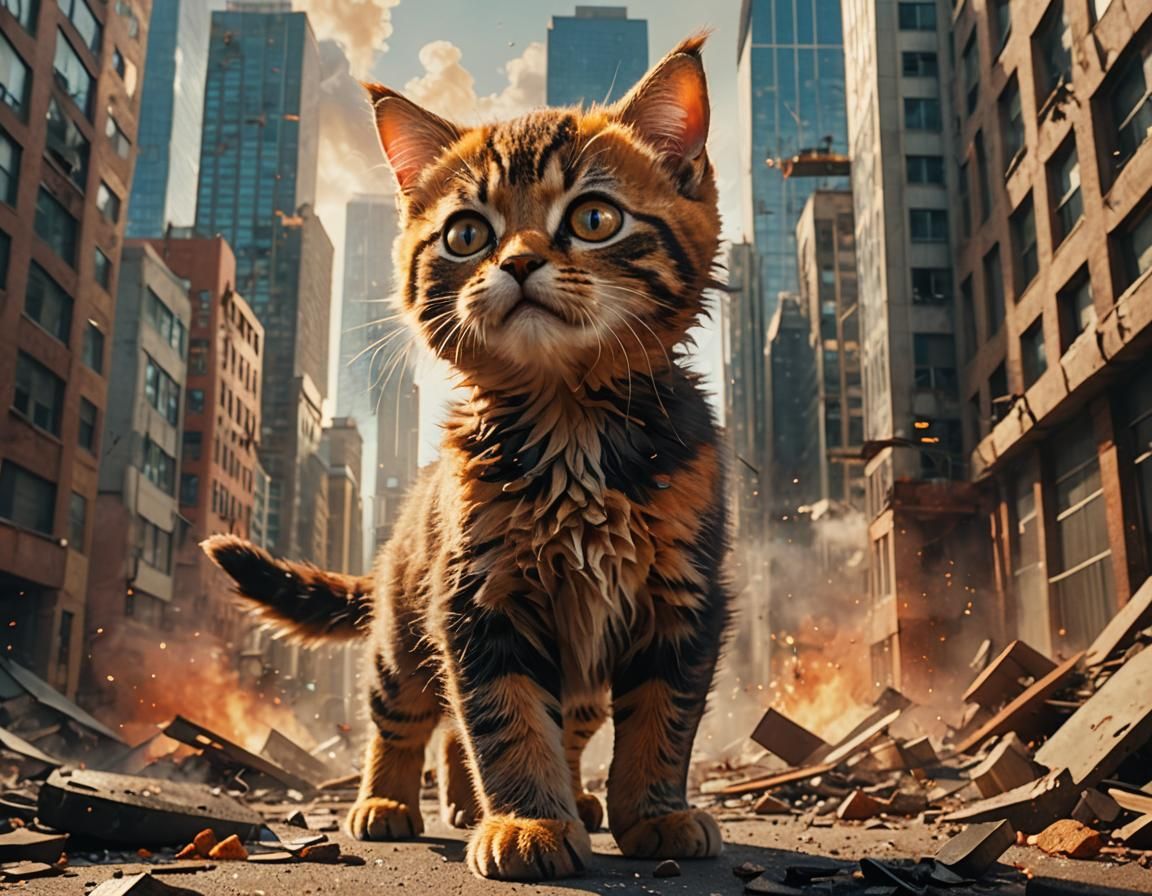 Giant Kitten Attacks City: Comic Book Style