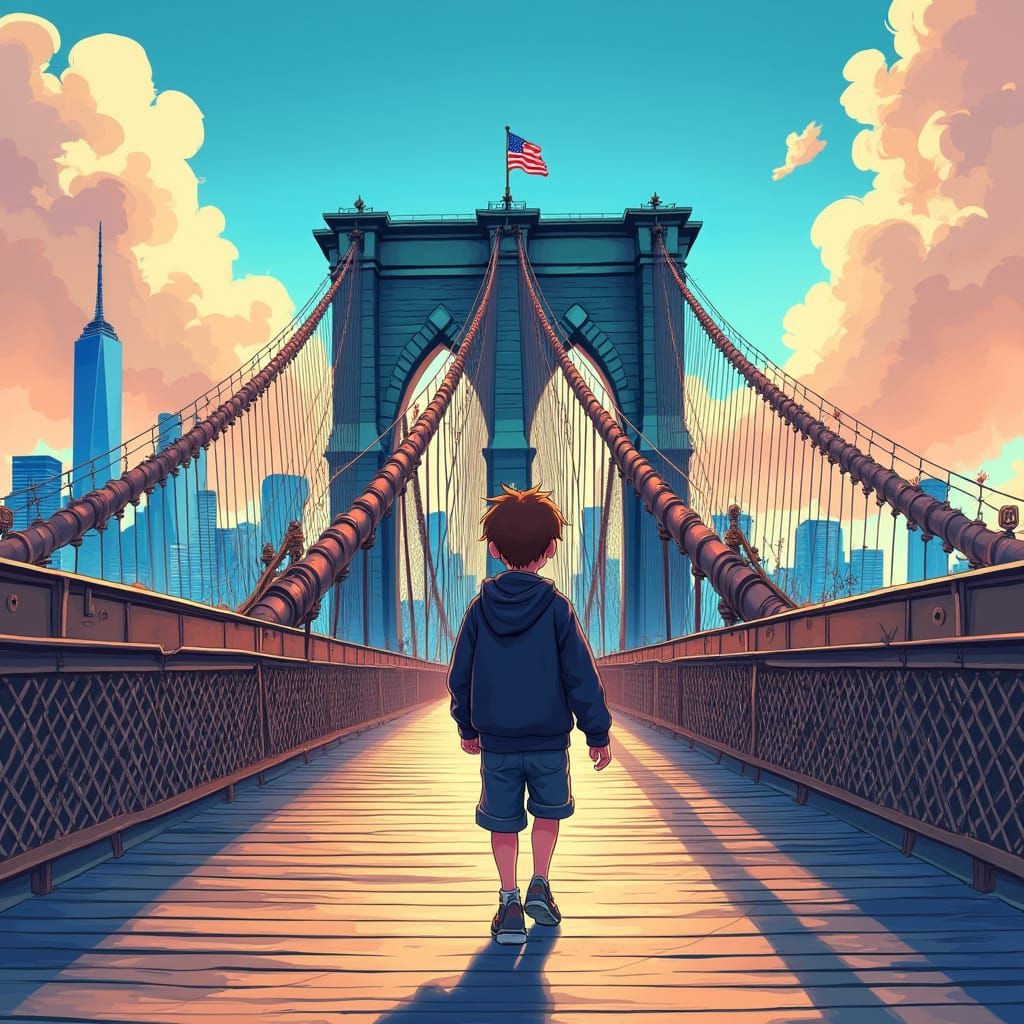 Boy on Brooklyn Bridge in Anime Style