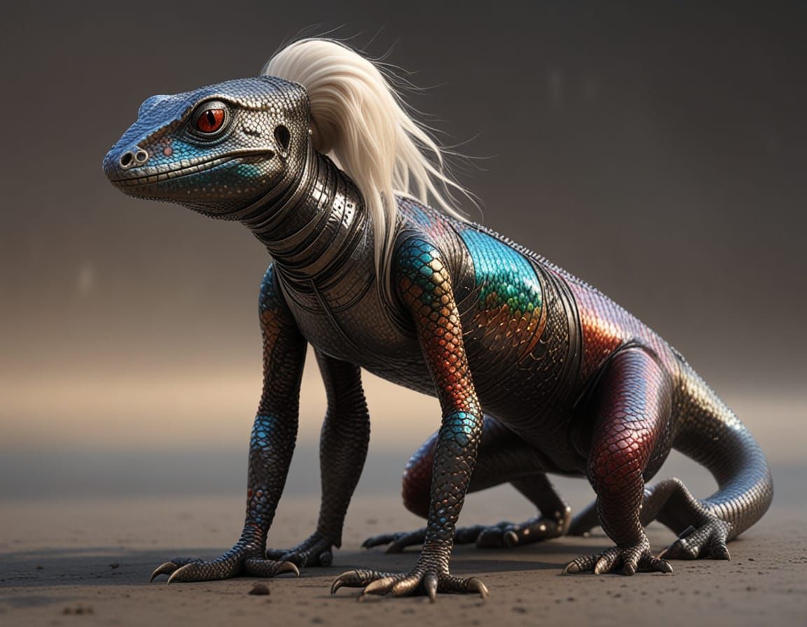 Woman in Metallic Lizard Suit, High Ponytail, and Collar, in...