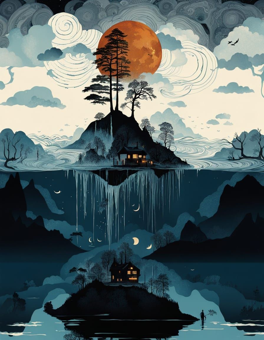 Papercut Hydrologic Cycle in Sumi-e Japanese Ink Painting