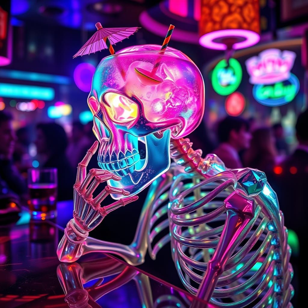 Crystal Skeleton Contemplates Cocktail in Neon Bar