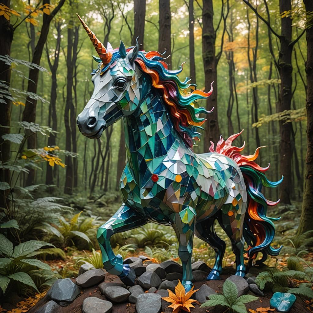 Happy Unicorn Sculpture in Forest, Hyperrealistic Art