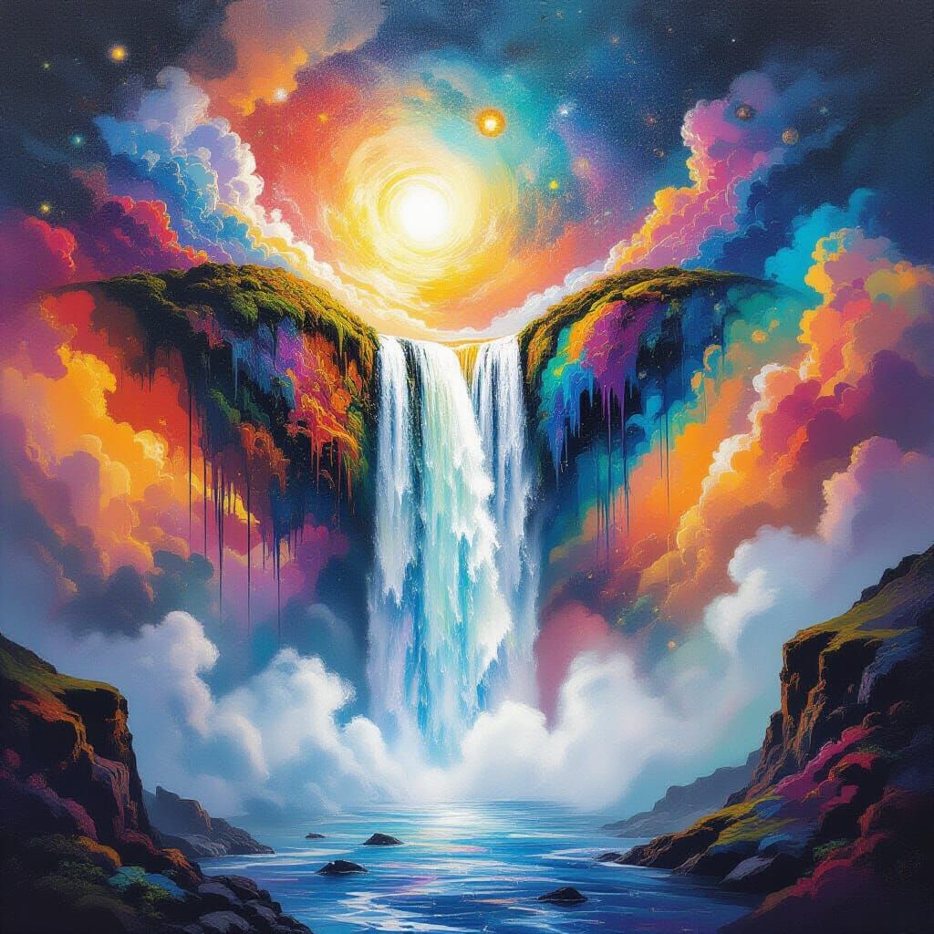 Cosmic Waterfall in Astral Graffiti Art Style