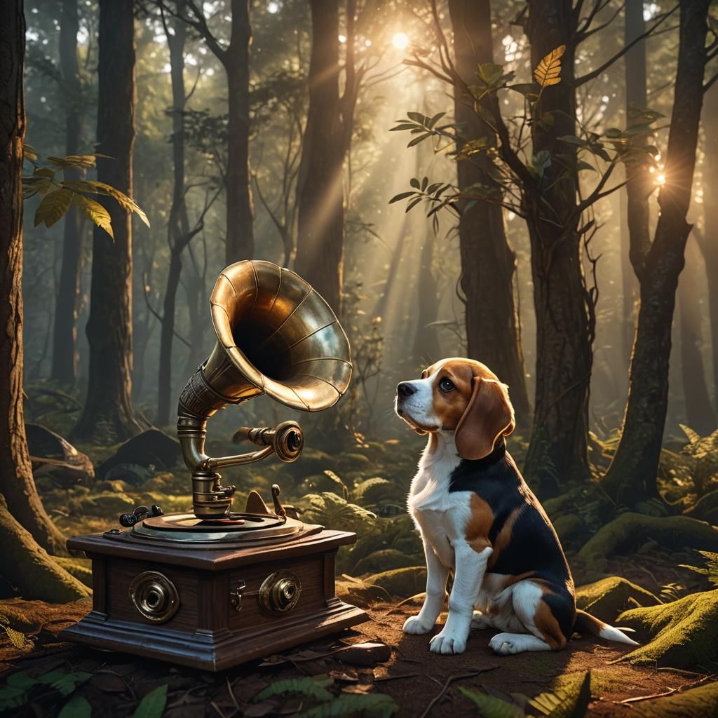 Beagle Puppy and Gramophone in Mystical Forest