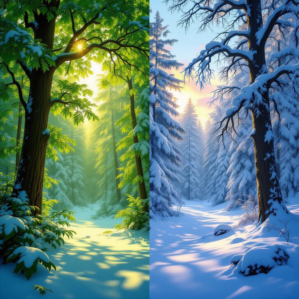 Forest in Summer and Winter: A Split Image